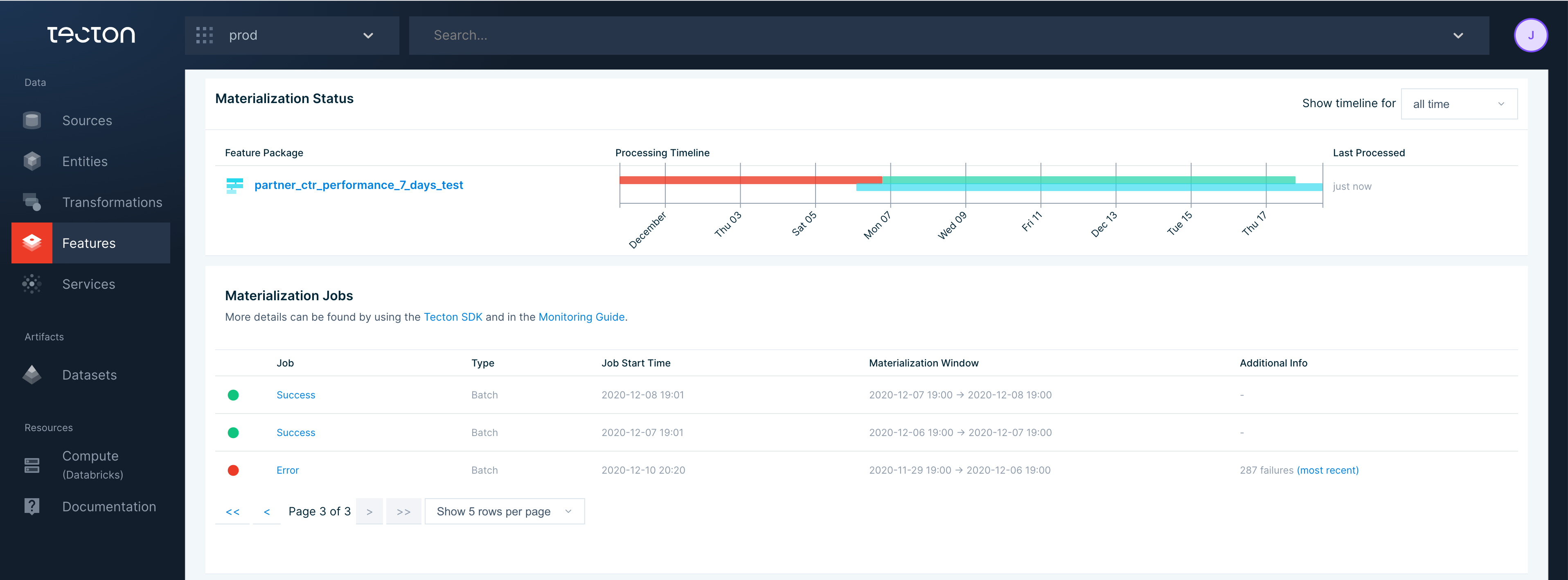 Materialization Status & Jobs Screenshot