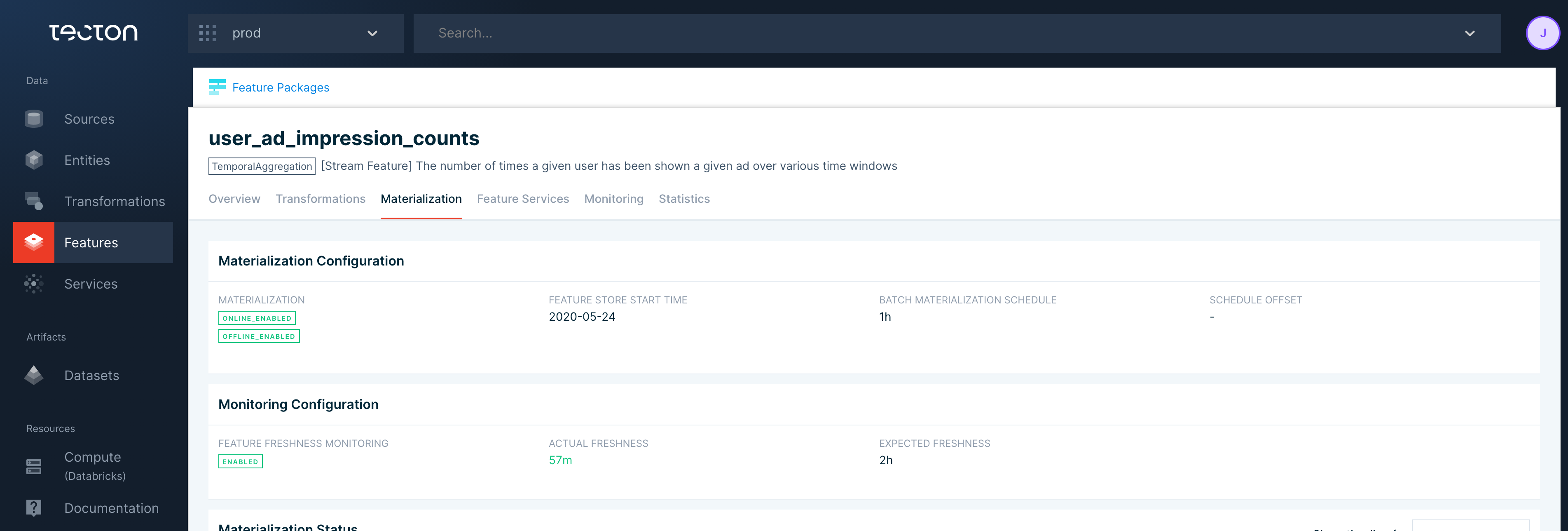 Monitoring and Materialization Config Screenshot